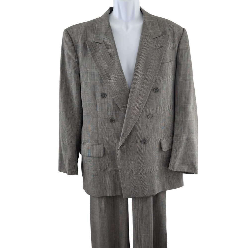 Vintage Cricketeer 2 Piece Suit Mens L Gray Plaid Double Breasted 34x31 USA 90s